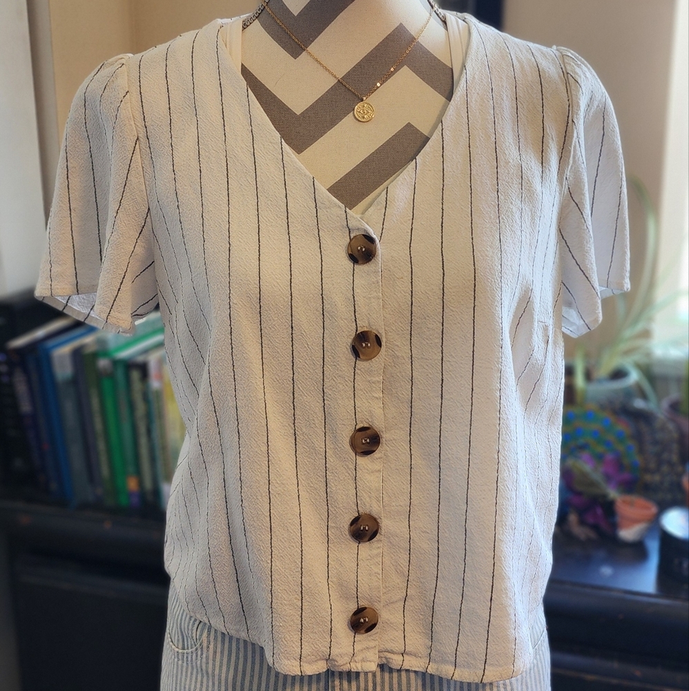 🤍 White w black stripes linen blouse 90's retro